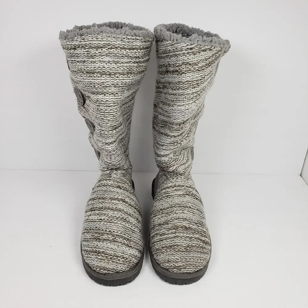 Muk Luks Liza Womens Size 9 Gray Knit Pull On Side Buttons Casual Slipper Boots